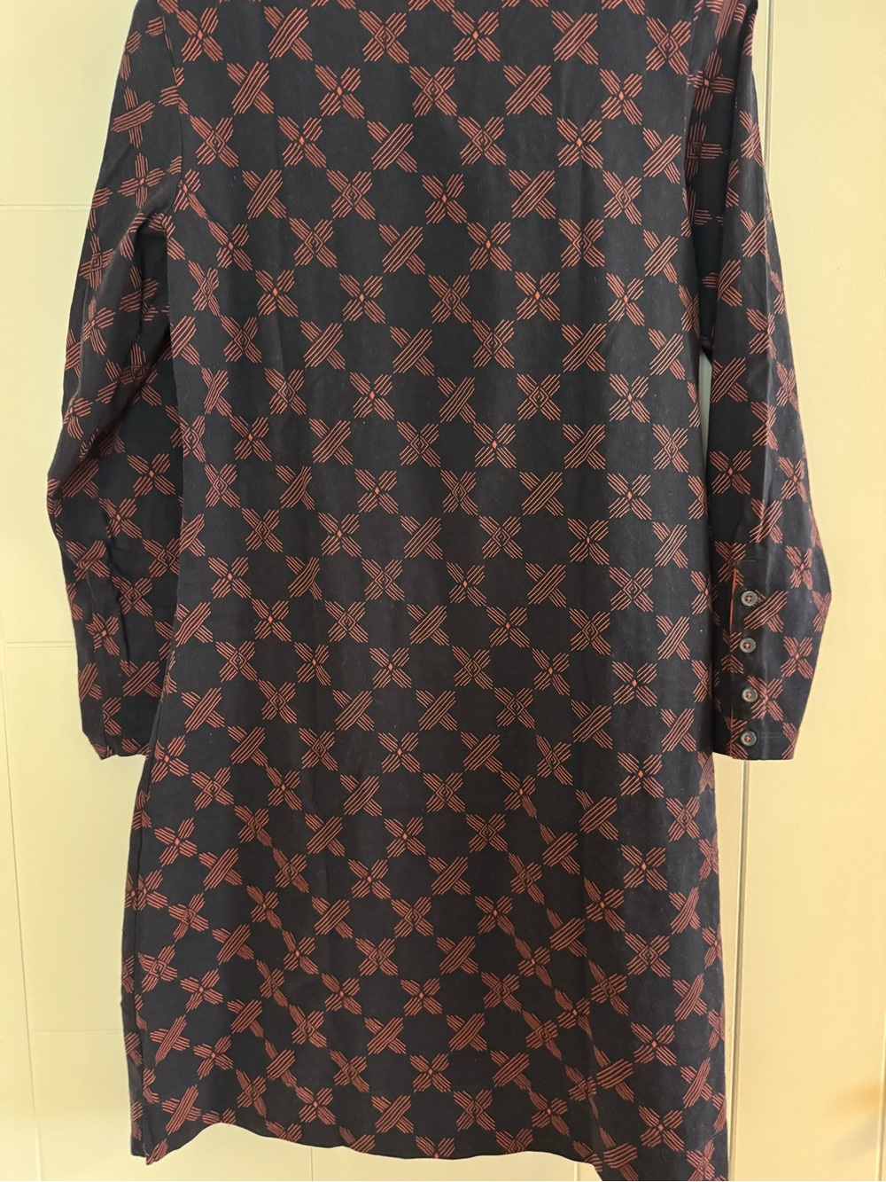 HATLEY Navy Long-Sleeve Dress with Brick Red Geometric Pattern - Size L